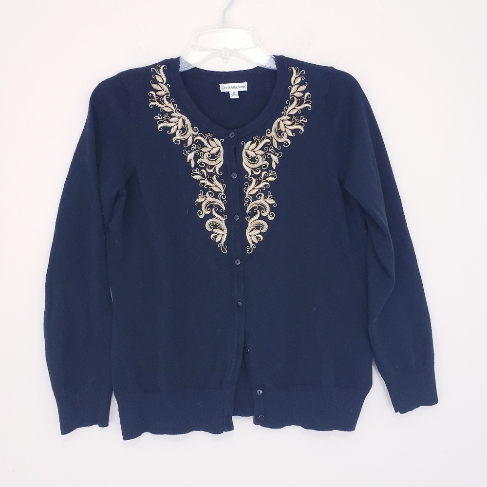 Croft & Barrow Black Gold Embroidered Cardigan Sweater Medium Old Money Preppy
